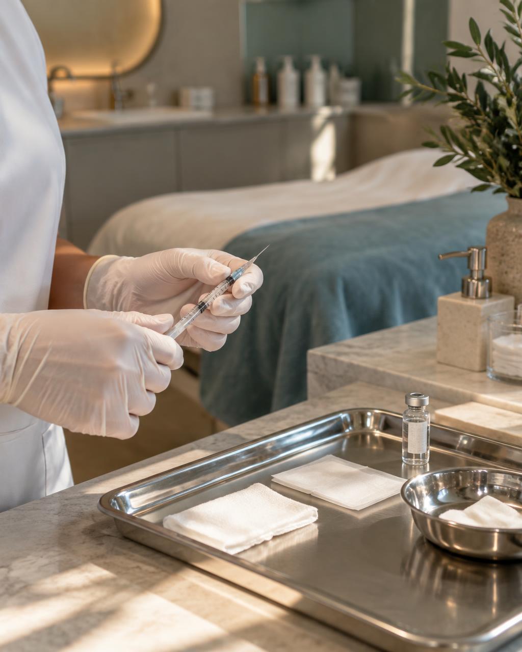 Clinician preparing a fine injectable syringe on a sterile tray in a calm treatment room