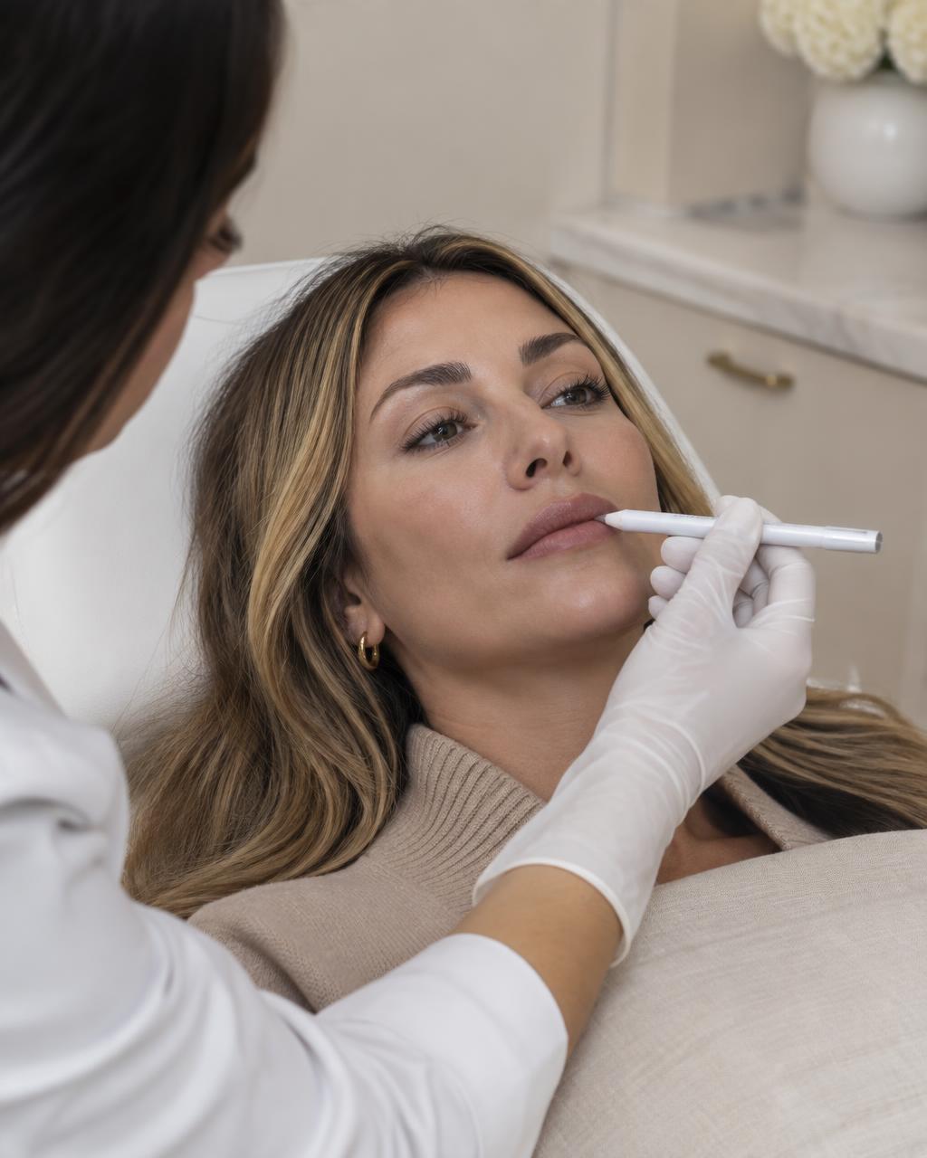 Clinician discussing facial contour and filler placement with a client